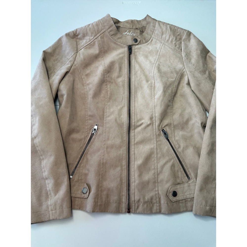 Sebby Collection Faux Suede Moto Jacket Tan Cafe Au Lait Ribbed Knit Panels M
